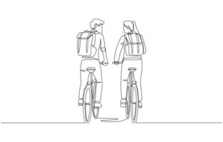 Continuous one line drawing of two female and male office colleagues riding bicycles to work, environmentally friendly commuting to work concept, single line art vector