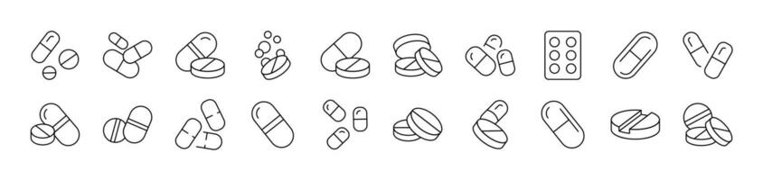 Pills and Medication Related Icon Set. Editable Stroke. Suitable for Web Sites, Books, Cards, Apps vector