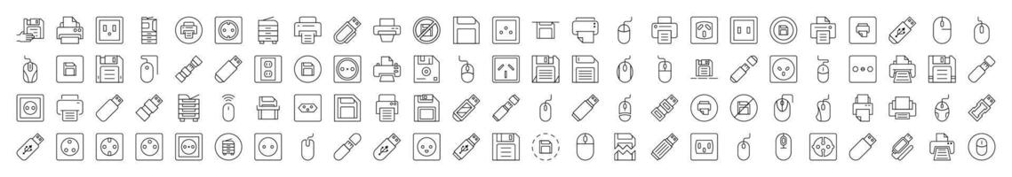 Simple Linear Illustration of Gadgets. Contains Icons of Icons of Outlet, Mouse, Memory Card, Printer that Can Be Used for Design of Cards, Posts, Apps, Web Sites vector