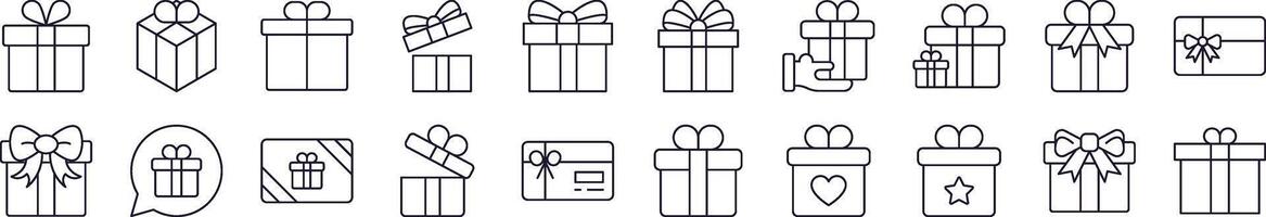 Set of Line Icons of Giftbox, Box for Present. Editable Stroke. Minimalistic Linear Pictogram for Design of Cards, Apps, Banners, Posts vector