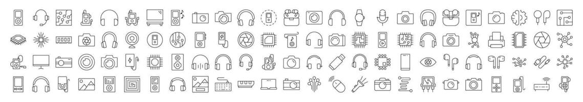 Sound Line Icon Bundle. Modern Collection for Design, Web Sites, Apps, Cards. Contains Linear Images of Chip, Headphones, Camera, Memory Card vector