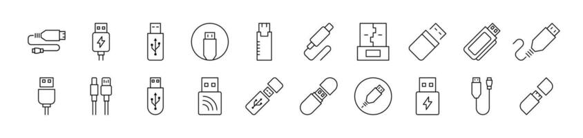 USB Cable Line Icon Set. Editable Stroke. Minimalistic Linear Pictogram for Design of Cards, Apps, Banners, Posts vector