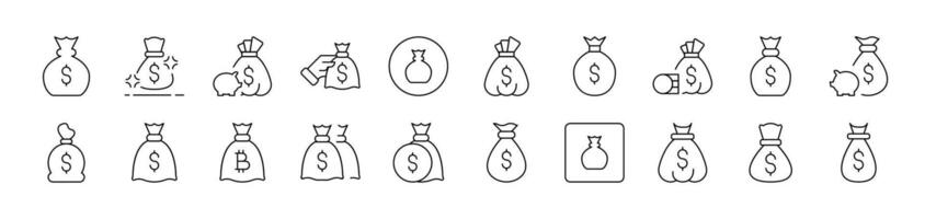 Money Bag Simple Icon Collection. Editable Stroke. Perfect for Infographics, Articles, Books, Flyers, Banners vector