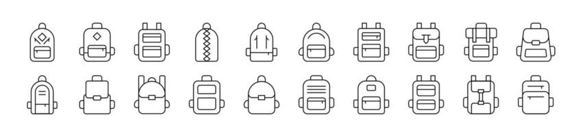 Schoolbag, Bag for Tracking and Hiking Related Line Icon Collection. Editable Stroke. Perfect for Infographics, Articles, Books, Flyers, Banners vector