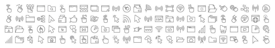 Bundle of Computer Desktop Related Line Icons. Editable Stroke for Design, Web Sites, Apps, Cards. Contains Linear Images of Cursor, Wi Fi Waves, Folders, Web Pages vector