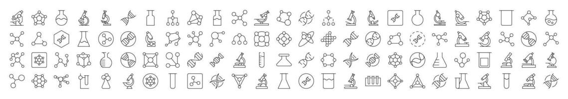 Set of Chemistry Related Line Icons. Editable Stroke for Design, Web Sites, Apps, Cards. Contains Linear Images of Chemical Compound, Laboratory Bulbs, Atom vector