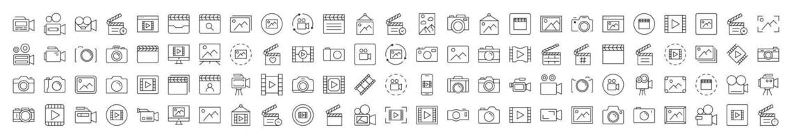 Pack of Line Icons of Clapperboard, Photo Camera, Movie, Picture. Editable Stroke. Minimalistic Linear Pictogram for Design of Cards, Apps, Banners, Posts vector