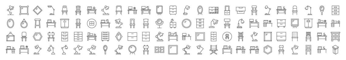 Furniture for Interior Related Simple Symbol Set. Contains Icons of Workplace, Mirror, Chair, Table Lamp for Banners, Infographics, Books, Articles and Other Types of Design vector