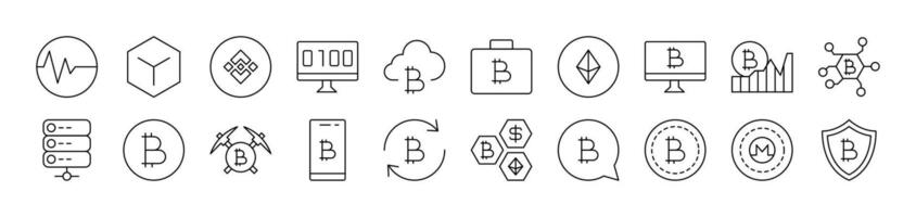Cryptocurrency and Bitcoin Line Icon Collection. Editable Stroke. Perfect for Infographics, Articles, Books, Flyers, Banners vector