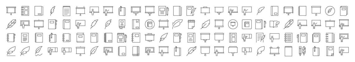 University and School Related Outline Symbol Set. Contains Icons of Professor, Teacher, Presentation Board, Notebook for Banners, Infographics, Books, Articles and Other Types of Design vector