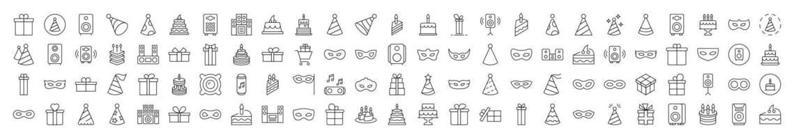 Party Line Icon Set. Modern Collection for Design, Web Sites, Apps, Cards. Contains Linear Images of Musical Center, Cake, Masquerade Mask, Gift, Present vector