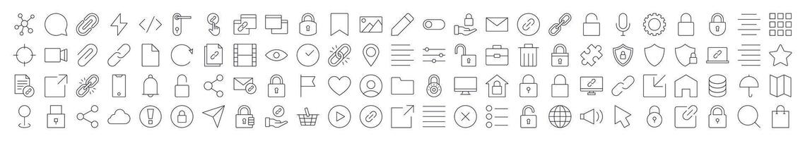 Collection of Interface Related Line Icons. Editable Stroke for Design, Web Sites, Apps, Cards. Contains Linear Images of Share, Coding, Like, Bookmark, Menu vector