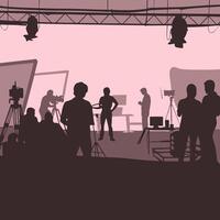 Filming process in the studio concept image. Content creating. Flat style illustration. vector