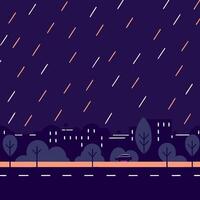 It is raining heavily in the city image. Flat style vector