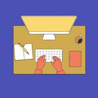 A laptop on working table. Workplace top view minimalistic image. Flat style vector