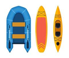 Set of boats and gear for rafting. Paddle board, kayak and inflatable boat. illustration isolated on white. vector