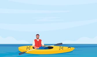 Man rowing with paddles in yellow kayak, side view. Guy in life jacket rafting in sport boat with oars. Extreme water activity. illustration. vector