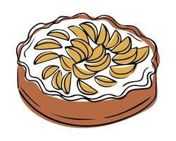 Illustration of a freshly baked apple pie with sliced apples arranged in a circular pattern on top of a creamy filling and a golden crust. vector