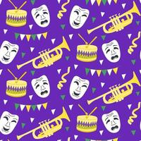 Seamless Mardi Gras pattern with comedy and tragedy masks, drums, trumpets, streamers, and colorful bunting on a vibrant purple background vector