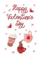 Valentine s Day banner with teapot, coffee cup with hearts, and text Happy Valentines Day in playful red font, surrounded by pink and red hearts on a white background. hand drawn greeting card vector