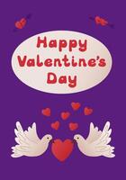 Valentine s Day illustration with two doves holding a heart, scattered small hearts, and the text Happy Valentines Day in a playful font on a purple background. hand drawn greeting card vector