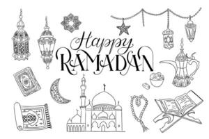 Doodle Hand drawn Ramadan illustration with mosque, lanterns, crescent moon, prayer beads, Quran, teapot, and text Happy Ramadan in decorative style. drawings isolated on white background vector