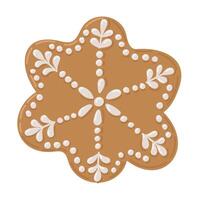 Snowflake shaped gingerbread cookie decorated with intricate white icing patterns, perfect for festive and holiday themes. hand drawn drawing isolated on white background vector
