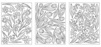 Line art of spring flowers with daffodils, tulips, and lilies of the valley for coloring pages or creative projects. contour drawings isolated on white background vector