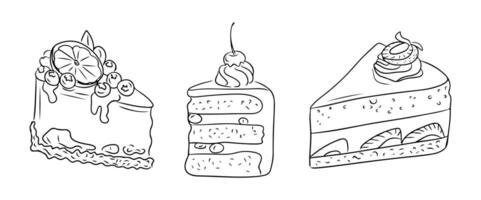 Line art of three cake slices with various decorations, including citrus, cherries, cream, and fruits, perfect for coloring, design, or baking related projects. drawings on white background vector
