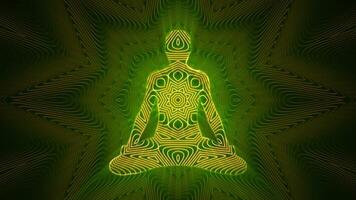 Looped meditation background with silhouette in lotus pose and shiny psychedelic mandala ornaments. Abstract animation with glowing energy flow patterns for yoga and spiritual practices. Loop 4K 60fps video