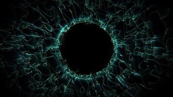 Seamless loop background with abstract ring made of floating strings with empty black space for logo. Ethereal lines screensaver for music festival visuals or stage art performance. Looped 4K 60fps video