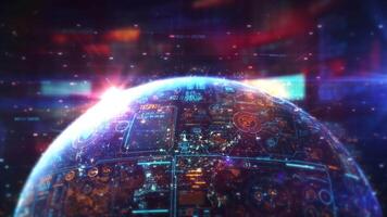 Planet earth rotating showing data analysis and HUD interface in cyberspace video