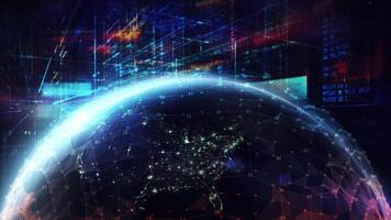 A digital world enveloping a rotating planet. video
