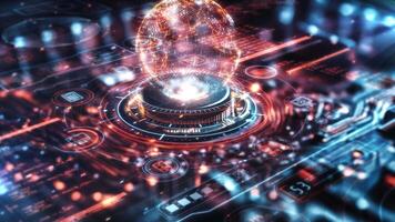 Futuristic earth hologram rotating on technological platform with data flowing video