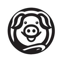 A cheerful, cartoon-style pig's head, depicted in black and white, is featured within a circular frame. vector
