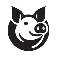 A stylized, black and white silhouette of a pig with cheerful features, nestled within a circular design with wavy water or waves. vector
