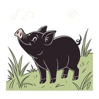 cartoon pig is depicted in a simple black and white line art style, standing in a grassy field. vector