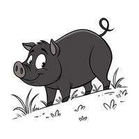 cartoon pig in grayscale, depicted from a slightly angled perspective. vector