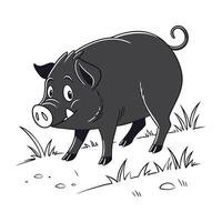 A friendly, cartoon pig, colored in shades of dark gray, stands on a patch of grass and dirt. vector