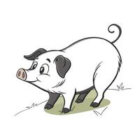 cartoon pig, colored in shades of dark gray, stands on a patch of grass and dirt. vector