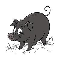 A cheerful, cartoon pig, depicted in grayscale, stands in a grassy field. vector