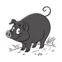 A cheerful, cartoon pig is depicted in a simple black and white line art style, standing in a grassy field. vector