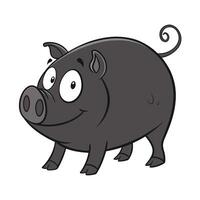 A cheerful cartoon pig, colored in shades of grey, is depicted searching for food in a grassy field. vector