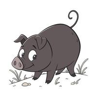 A cheerful cartoon pig, depicted in shades of gray, stands on a patch of dirt, with grass, in a simple, friendly style. vector