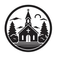 A classic, minimalist black and white graphic of a church building encircled by a laurel wreath. vector