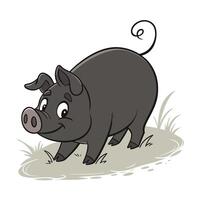 A playful illustration of a dark gray cartoon pig, seemingly curious, standing on a patch of grass. vector