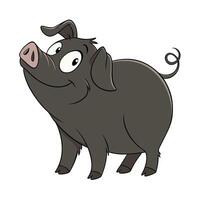 A cheerful, cartoon black pig, with large eyes and a simple, friendly expression, stands on a patch of grass. vector