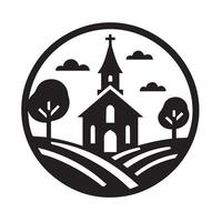 A bold, graphic logo of a church, set within a circular frame with radiating lines, evoking a vintage or retro aesthetic. vector