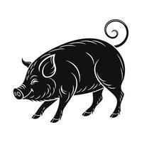 A cheerful, cartoon pig in grayscale, depicted from a slightly angled perspective. vector