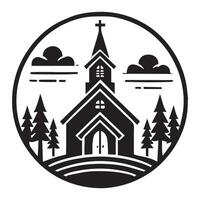 A stylized, black and white, graphic illustration of a small church building. vector